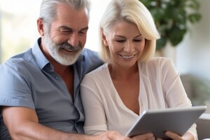 Älteres Paar schaut auf ein Tablet