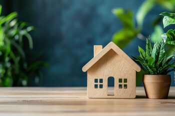 Hausmodell mit Pflanzen vor blauem Hintergrund