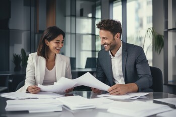 Paar in Businesskleidung mit Unterlagen