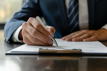Ein Geschäftsmann unterschreibt ein Dokument am Schreibtisch