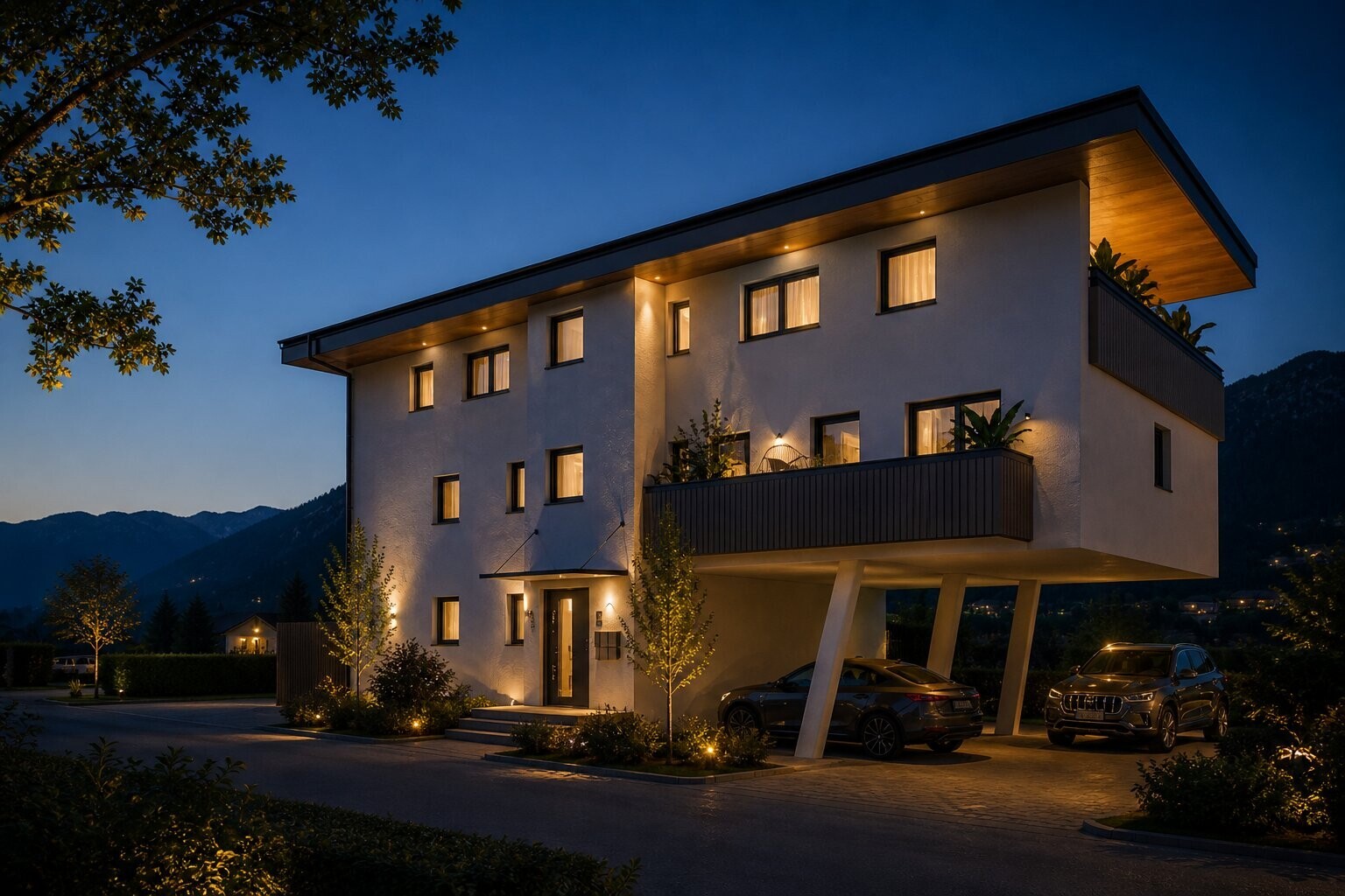 Modernes Mehrfamilienhaus bei Nacht