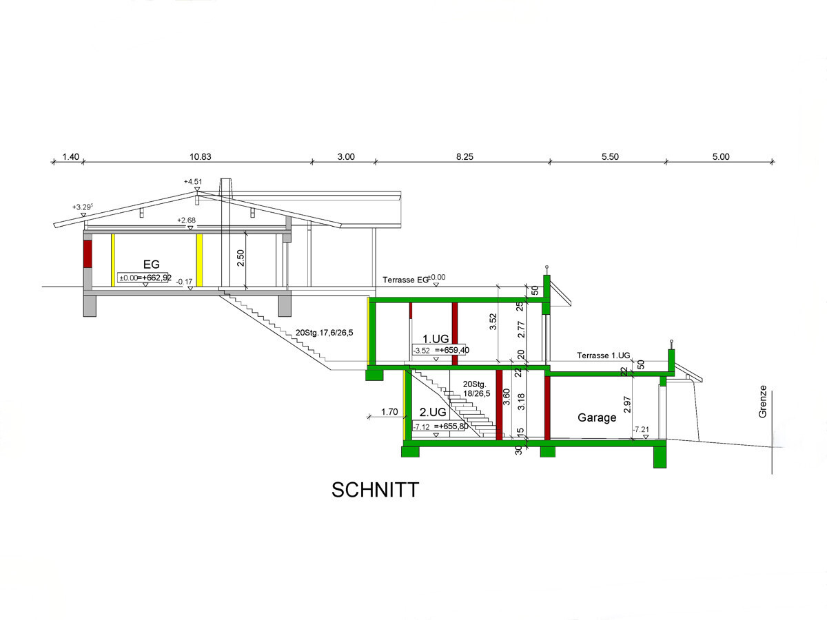 Schnitt durch das Chalet v d Garage über die Einlegerwohnung ins großzügige Erdgeschoß