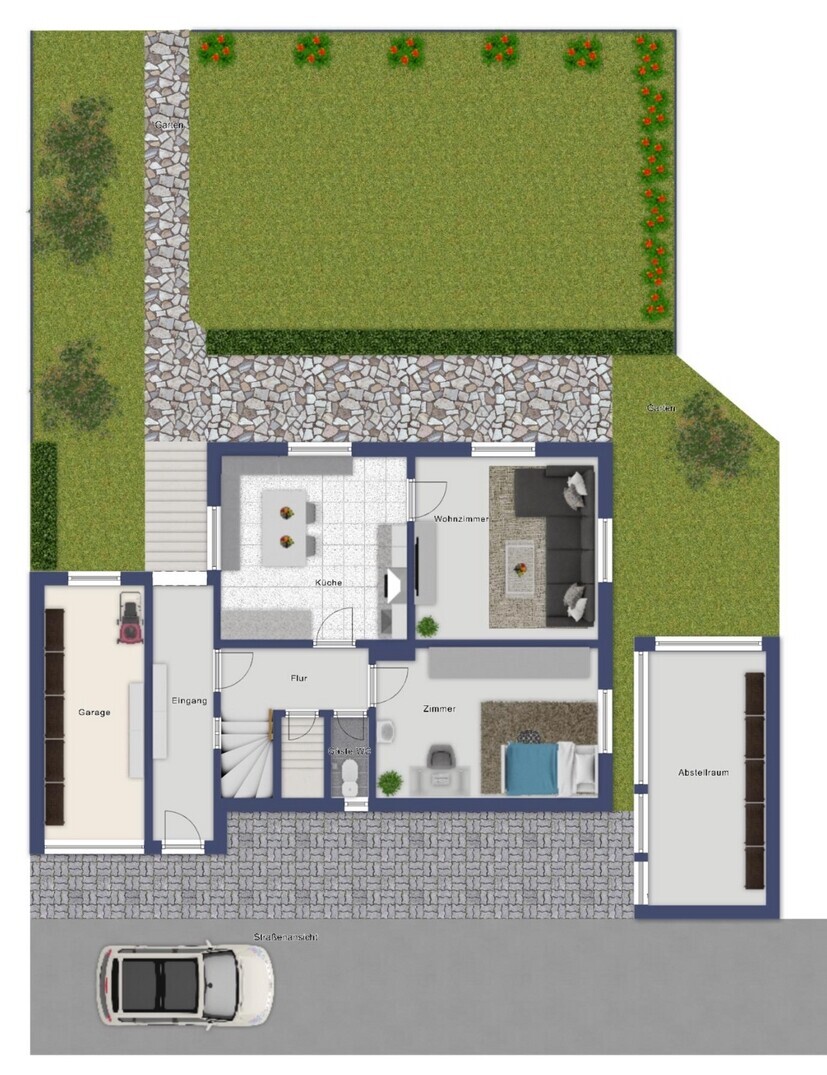 Erdgeschoß mit Garage Garten und Holzschuppen
