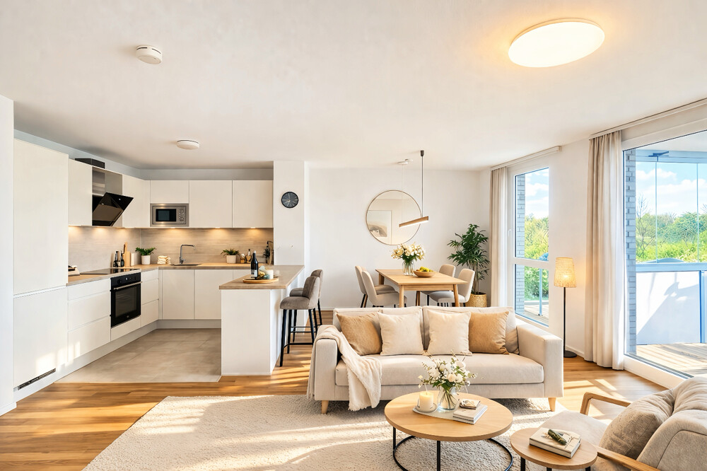 Küche, Wohnzimmer und Essbereich