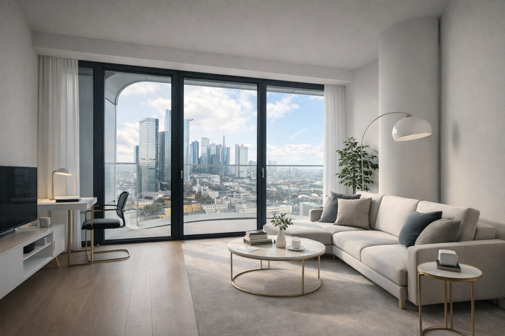 Wohnzimmer mit Skylineblick