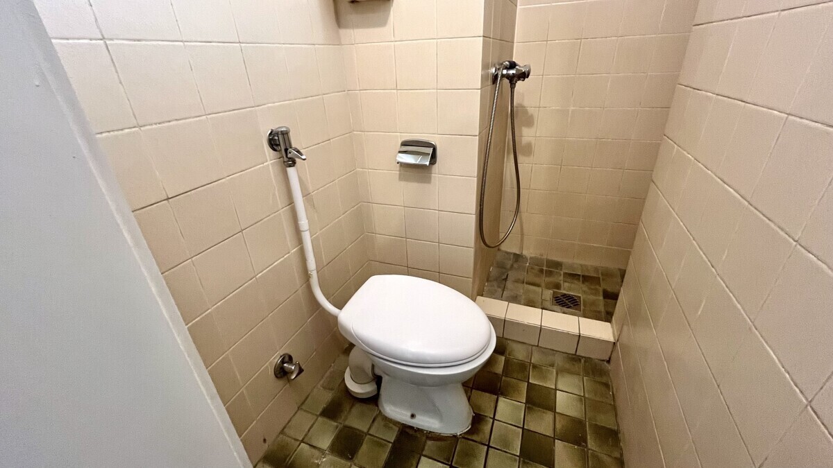 Das Badezimmer ist mit einer bodentiefen Dusche ausgestattet