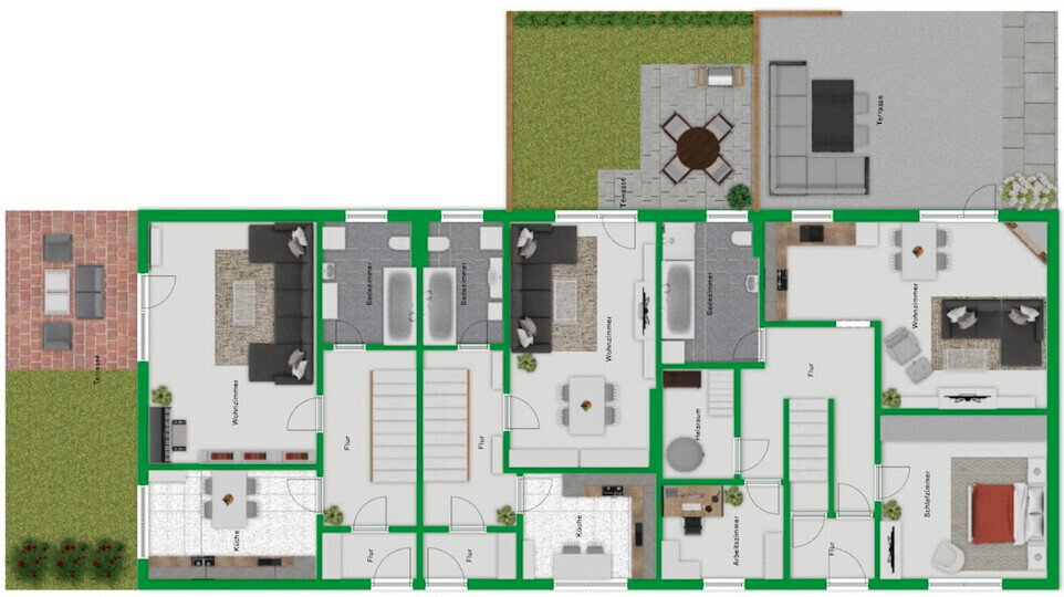 EG von links REH, RMH, Wohnung EG mit gemeinsamen Eingang zur WG OG