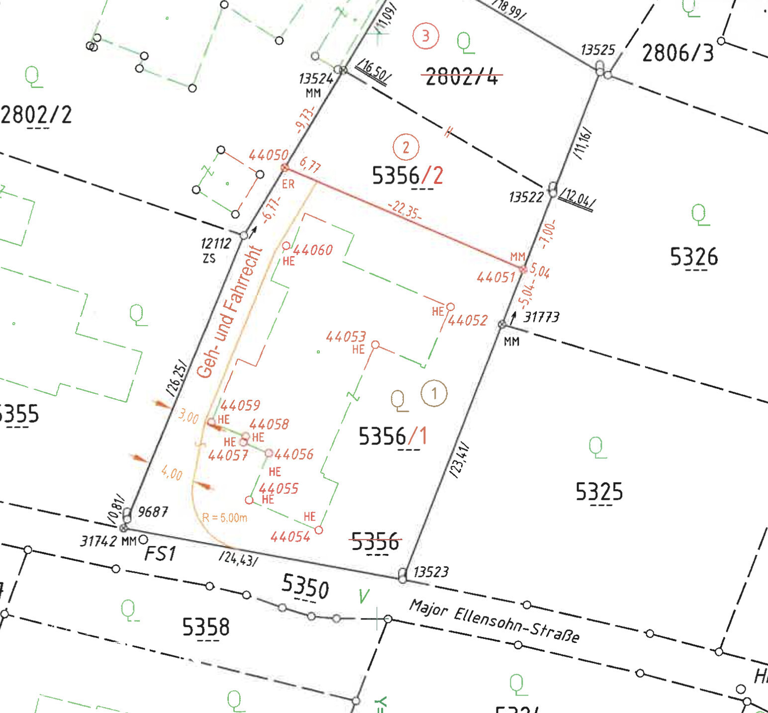 Grundstücksplan mit Geh- u Fahrrecht
