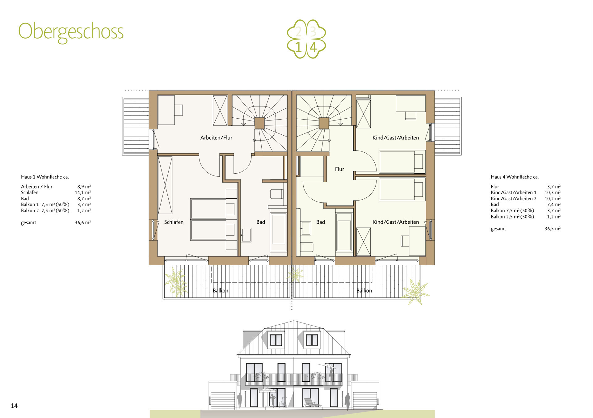 Haus 1 & 4 Grundriss Obergeschoss 