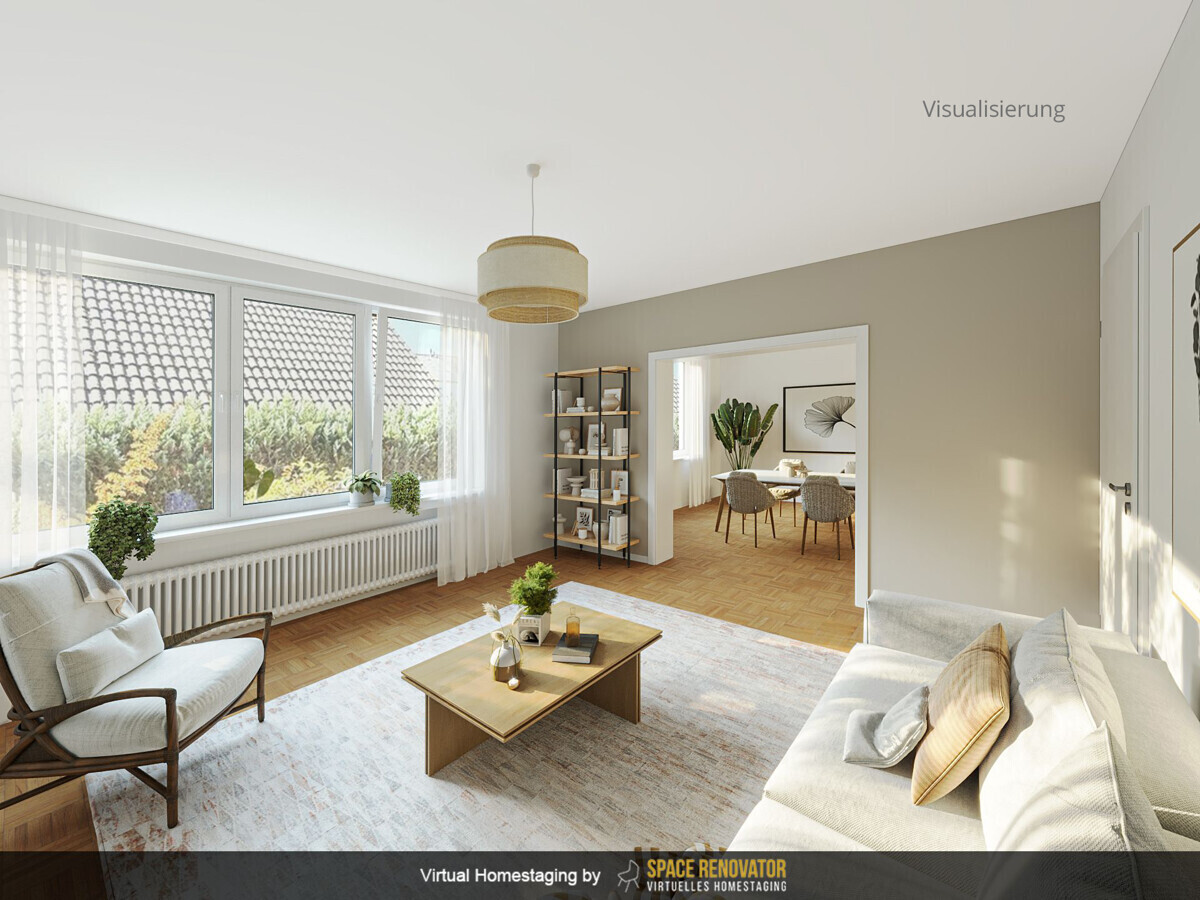 helles Wohnzimmer mit großer Fensterfront_Visualisierung