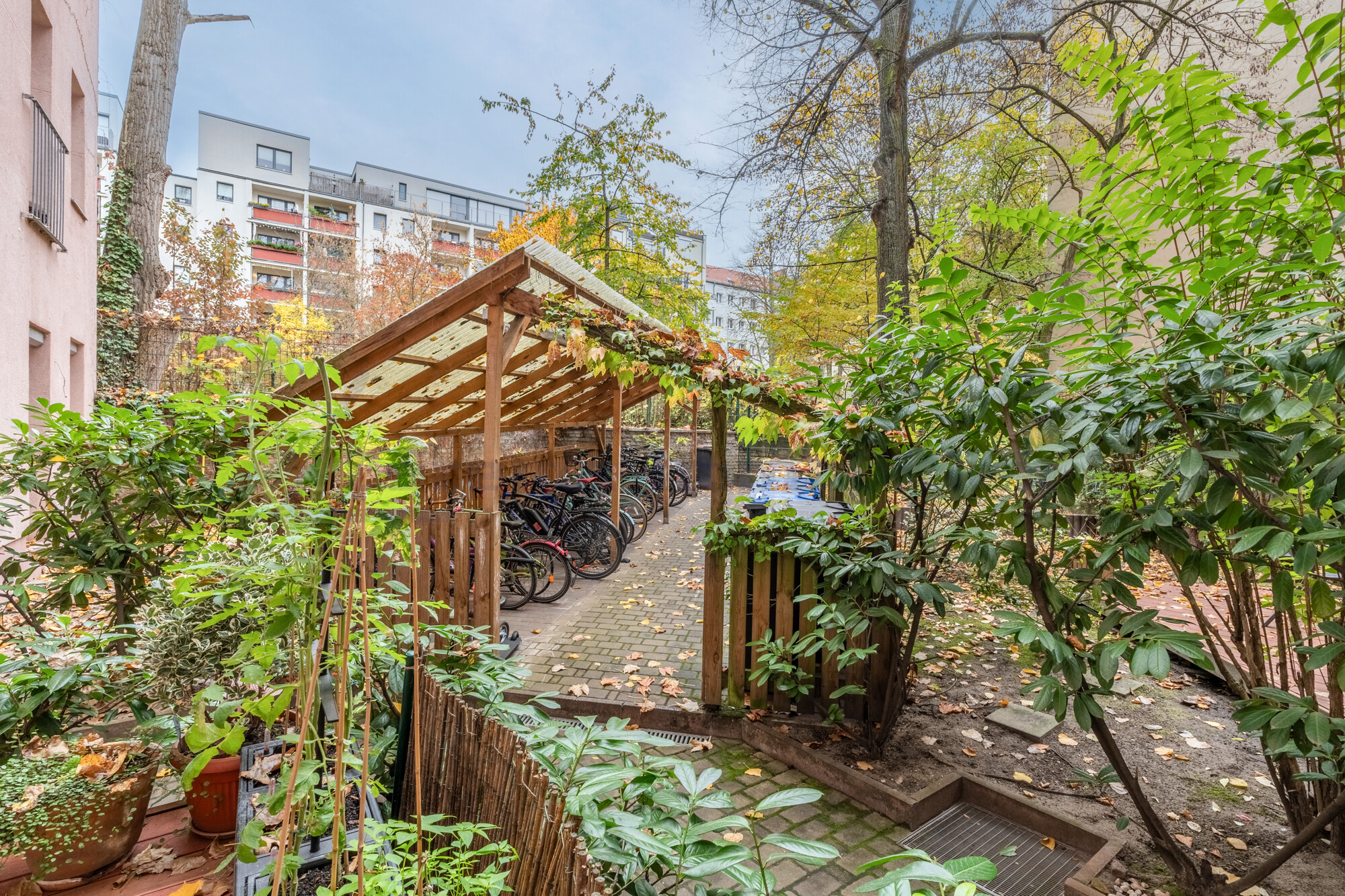 Grüner Innenhof mit Fahrrad-Stellplätzen