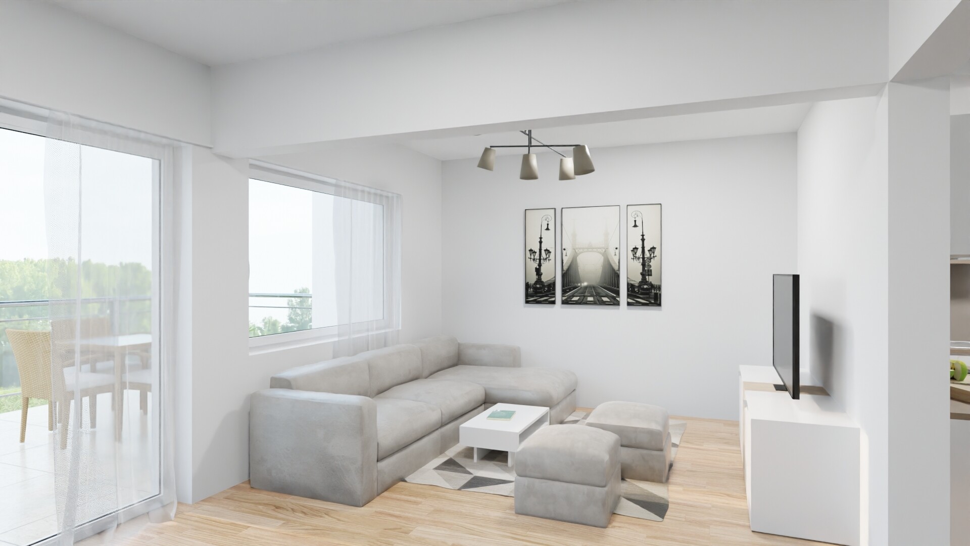 Visualisierung Wohnzimmer mit angrenzendem Balkon