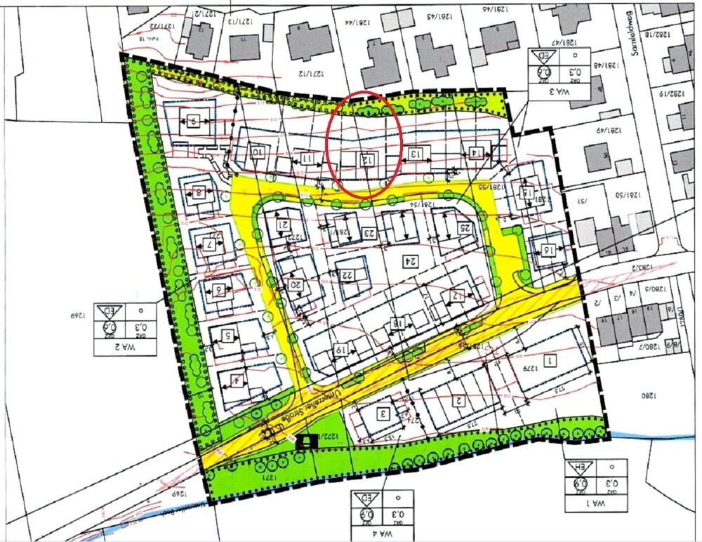 Planzeichnung mit Grundstücksmarkierung