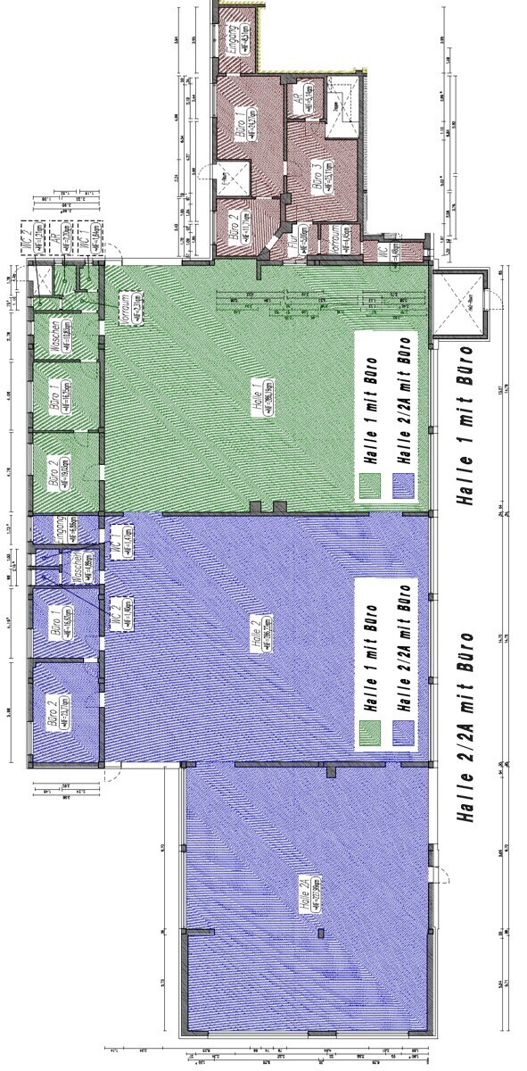 Halle 1 = GRÜN + Büro = ROT / Grundriss gesamt OPTIONAL