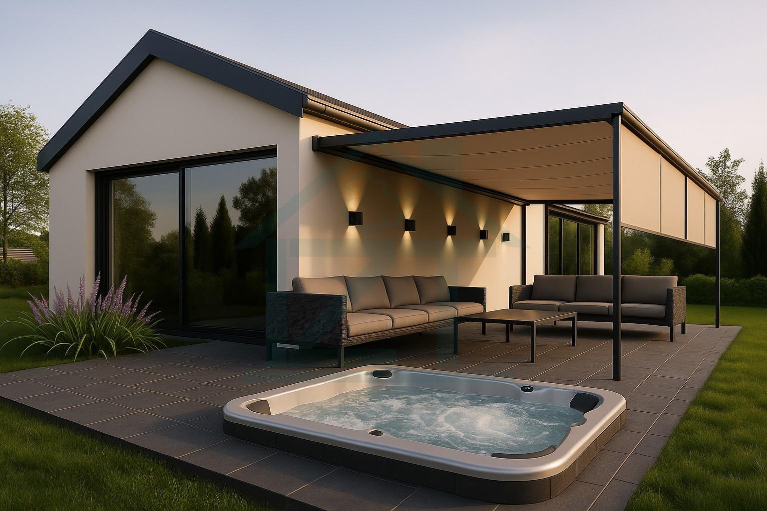 Moderner Garten mit Terrasse und Whirlpool