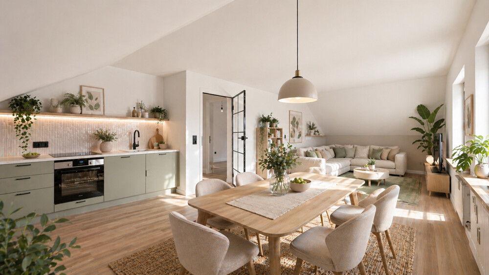 Visualisierung Küche mit Wohn- und Esszimmer
