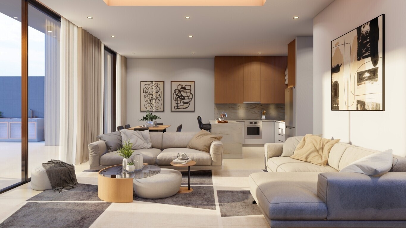 Wohnzimmer mit Küche und Essbereich