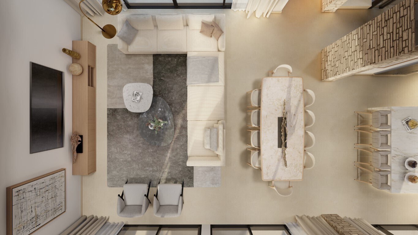 Drohne - Wohnzimmer mit Küche und Essbereich