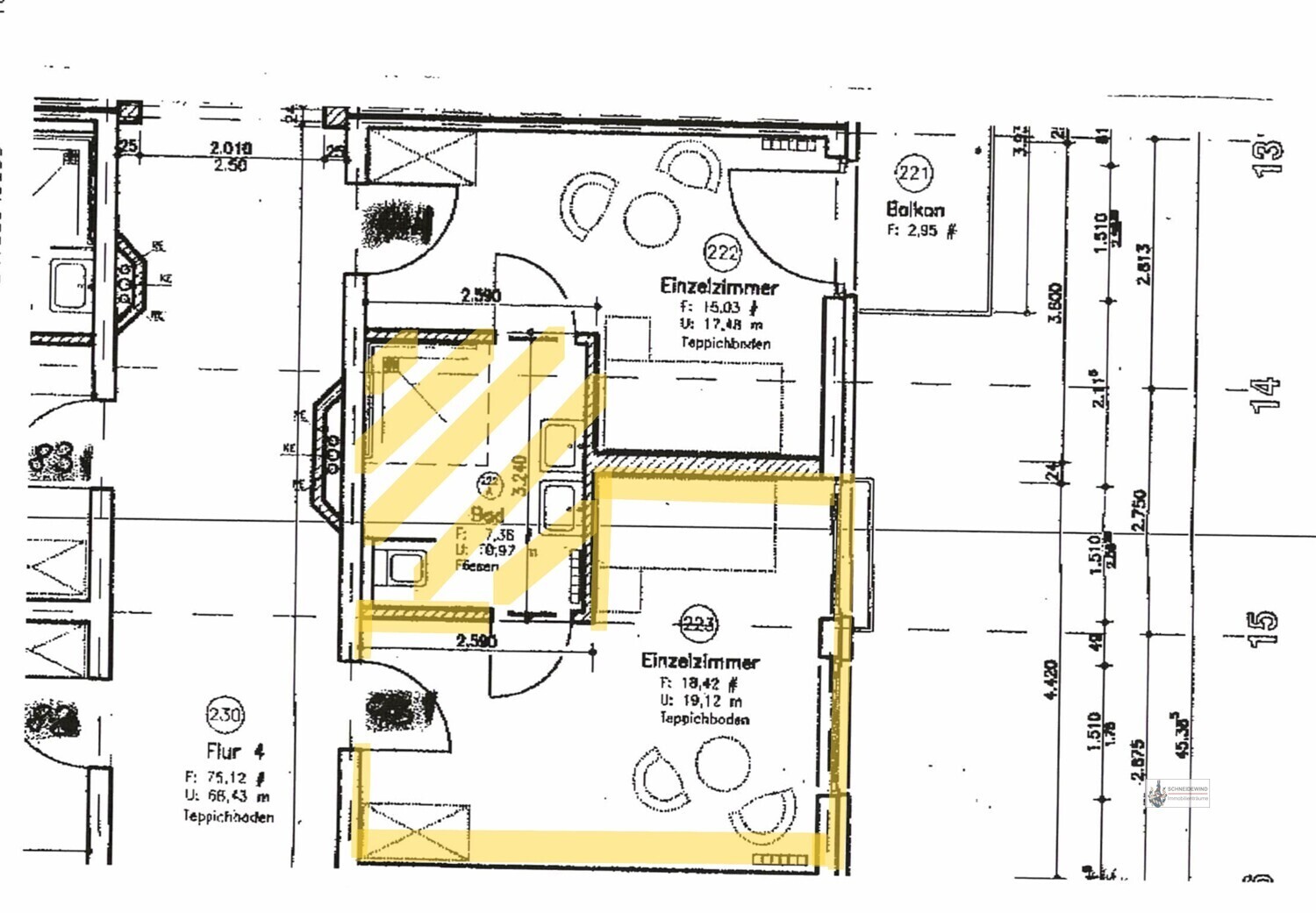 Grundriss Zimmer 223 (Apt.44)