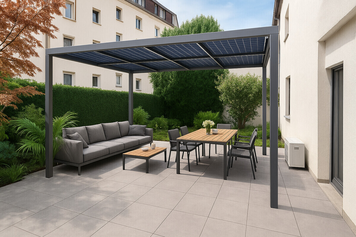 Terrasse mit Solarpergola und LWP