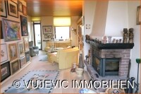 Wohnzimmer mit Kamin und Balkonzugang