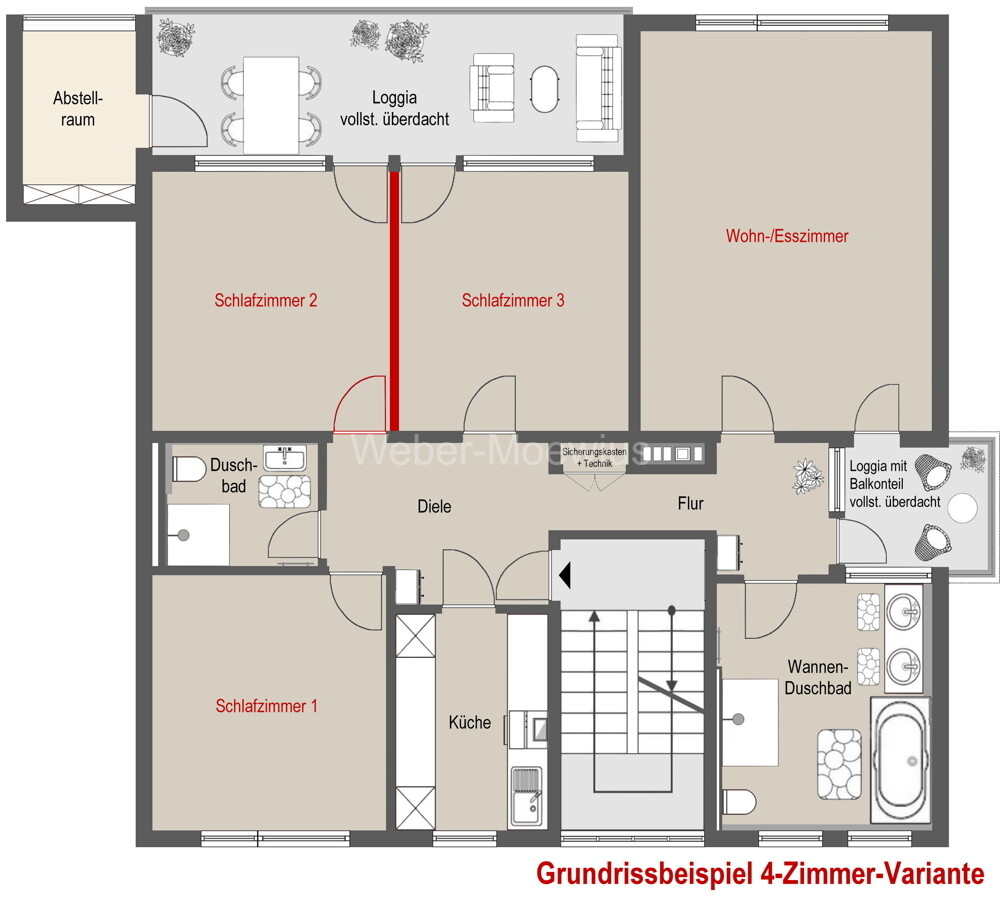 3446 Grundrissbeispiel 4-Zimmer-Variante