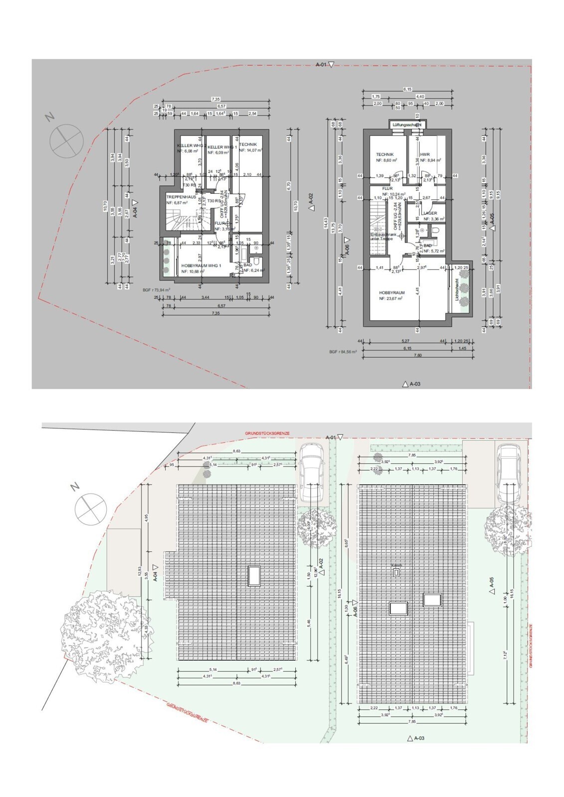 Untergeschoss | Dachaufsicht (Haus B rechts)
