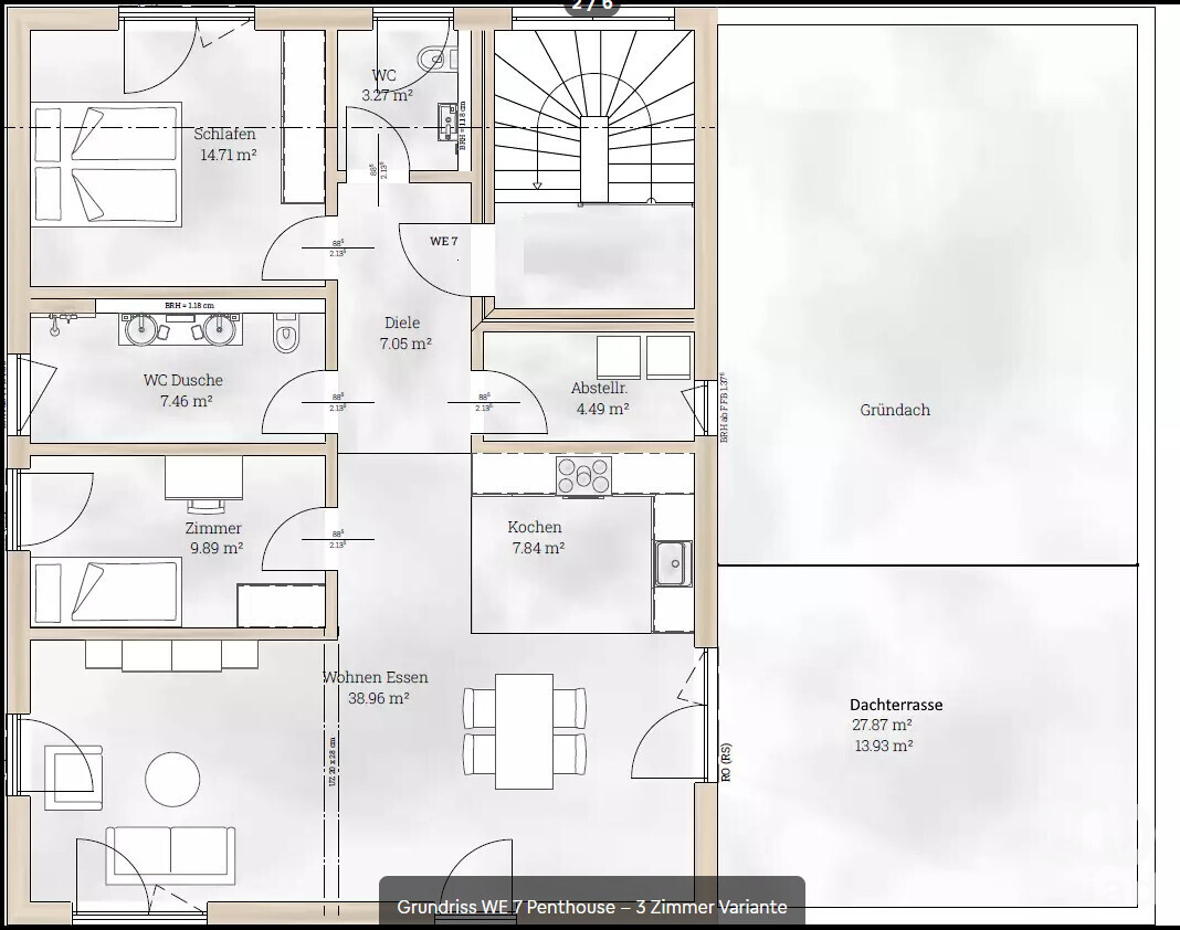 Grundriss Penthouse WE7 - 3-Zimmer Variante