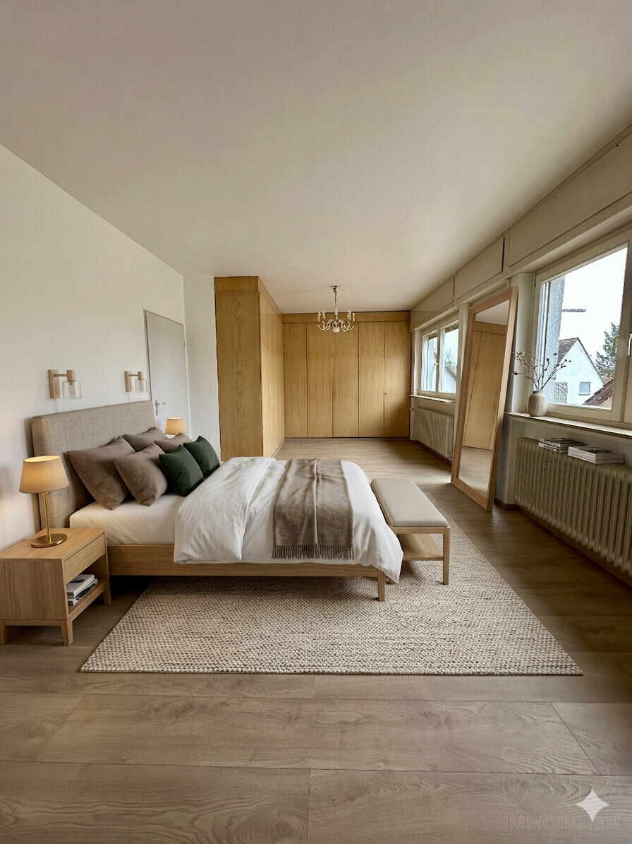1.OG. Elternschlafzimmer mit Zugang zur Balkon möbliert mit KI