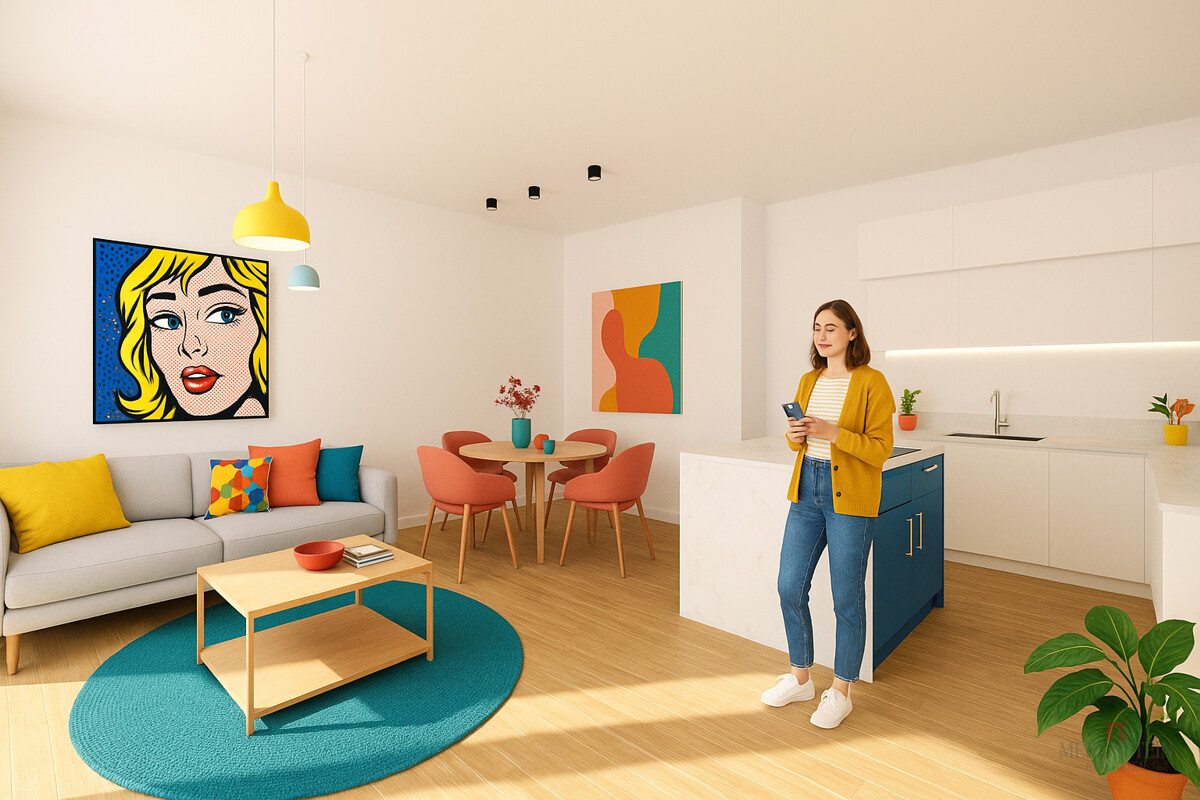 Helles, modernes Wohnzimmer mit Pop-Art