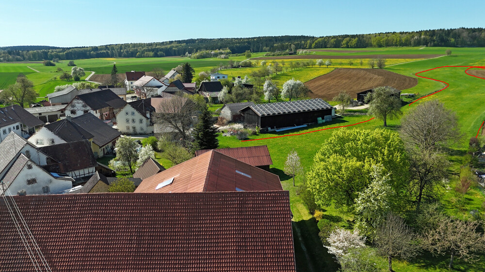 Altheim im Frühjahr (Grenzverlauf optionale landwirtschaftliche Fläche angedeutet)