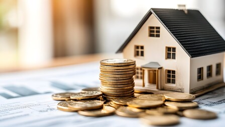 "Immobilienfinanzierung: Stapel goldener Münzen vor einem Modellhaus, symbolisiert Investitionen, Hypotheken und den finanziellen Wert von Immobilien."