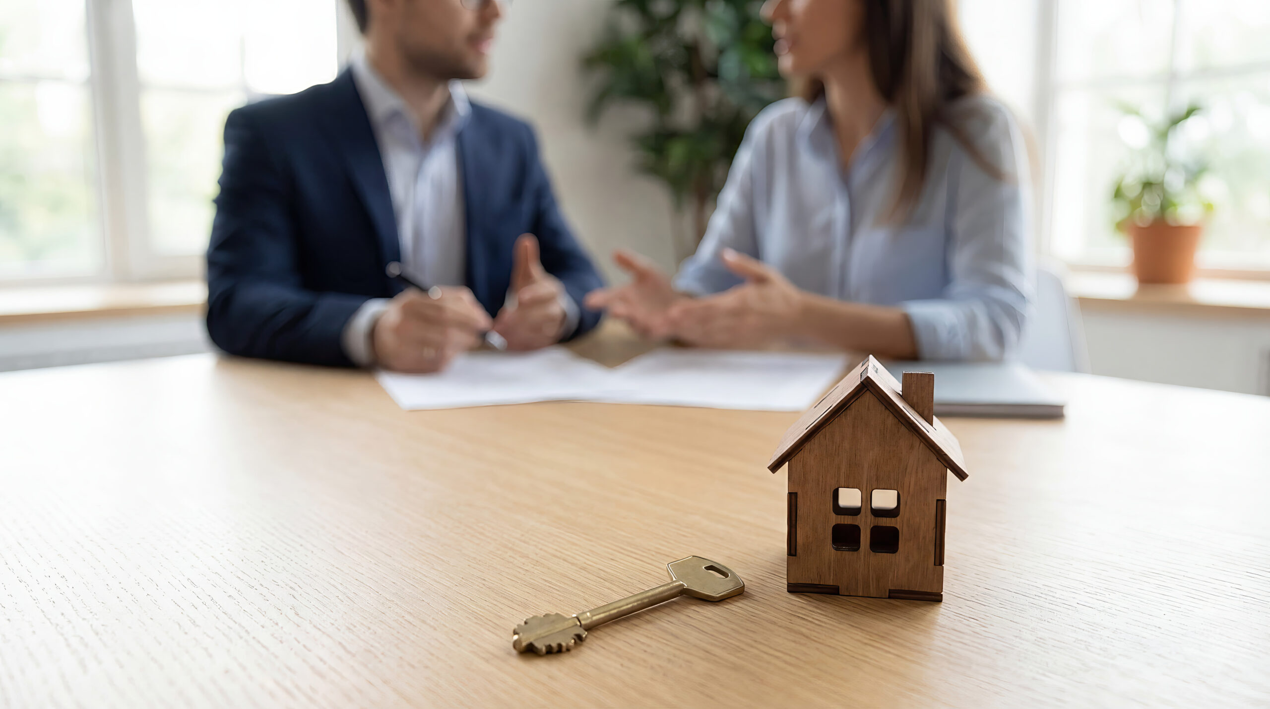 House Key and Model with Agent and Buyer Discussing Real Estate Contract