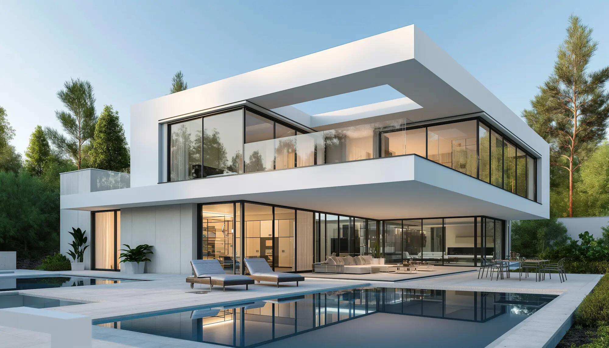 Perspective modern house with terrace, swimming pool on green forest view background. Minimal architecture design with chaise longue. Luxury facade and large panoramic windows. 3D rendering exterior.