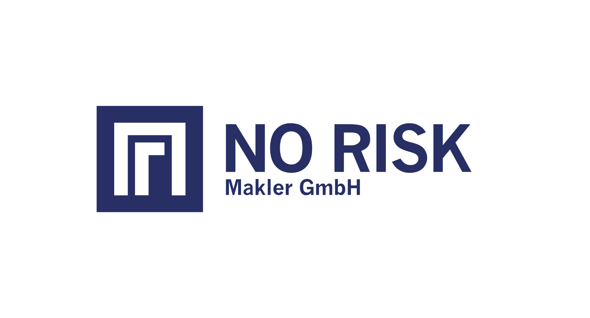 Blaues Quadrat, Text: NO RISK Makler GmbH auf Weiß.