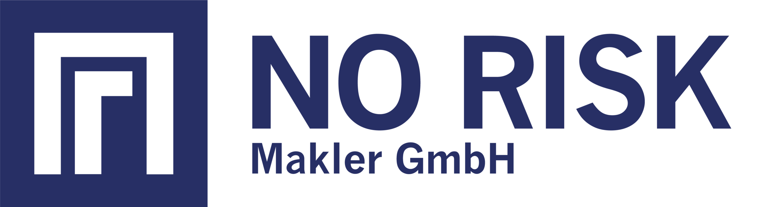 Quadratisches abstraktes Logo, Text: NO RISK Makler GmbH in Blau.