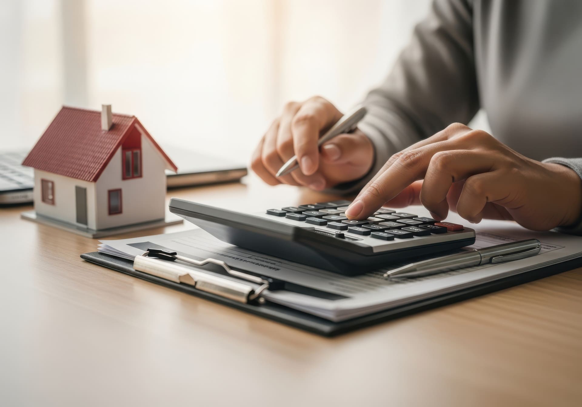 Mann tippt in Taschenrechner