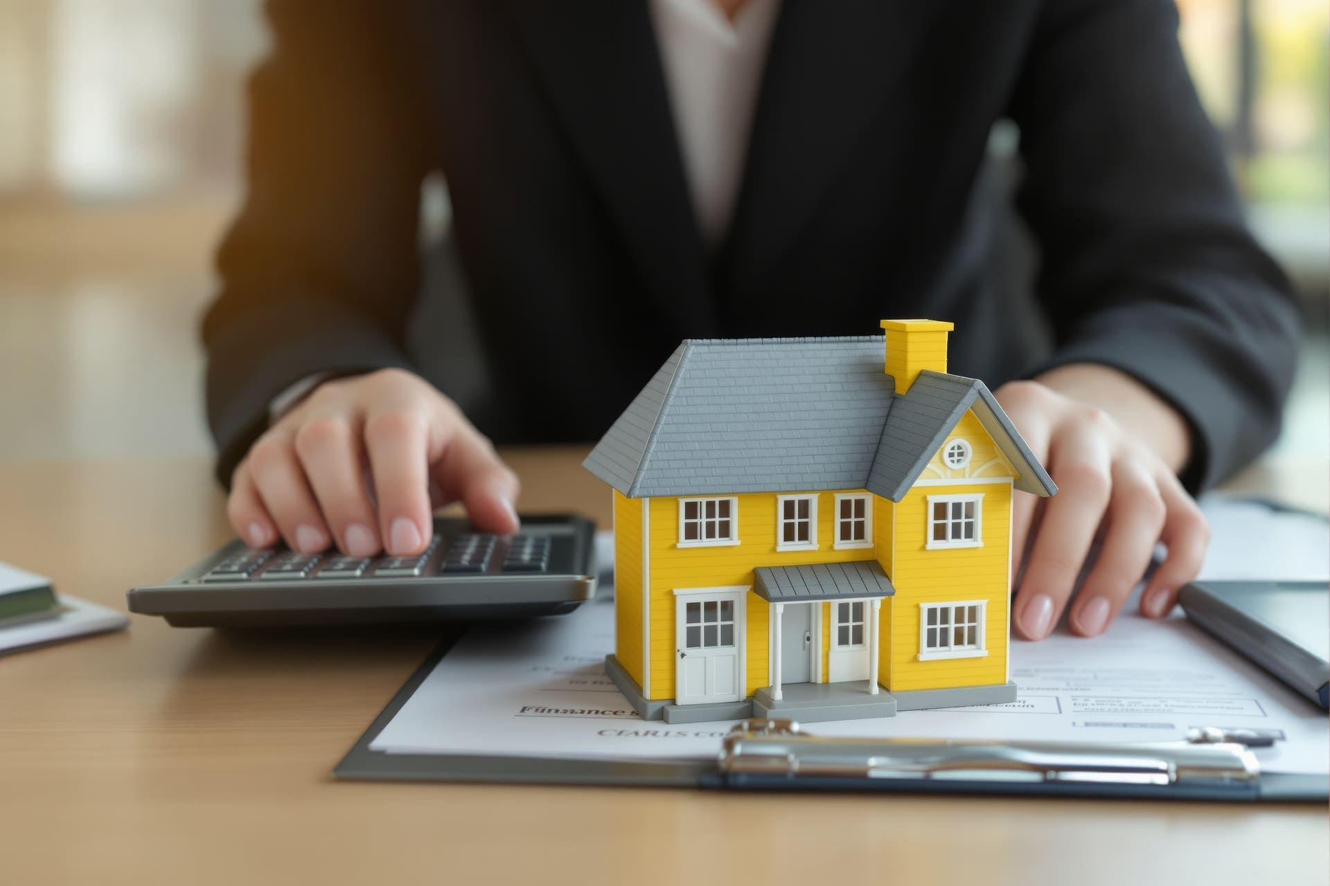 Modellhaus neben Taschenrechner