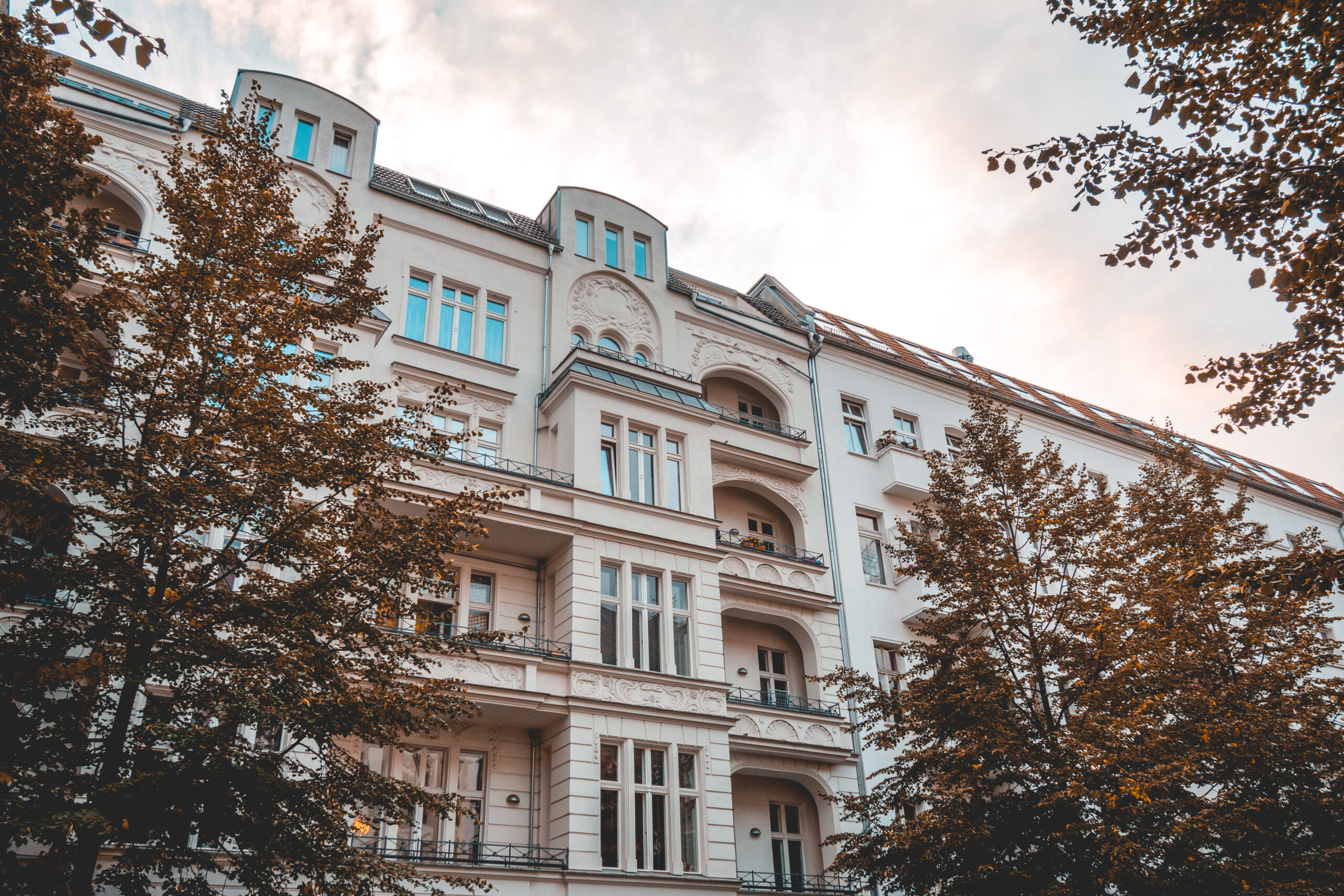 Altbau-Reihenhäuser in Köln mit herbstlich gefärbten Bäumen