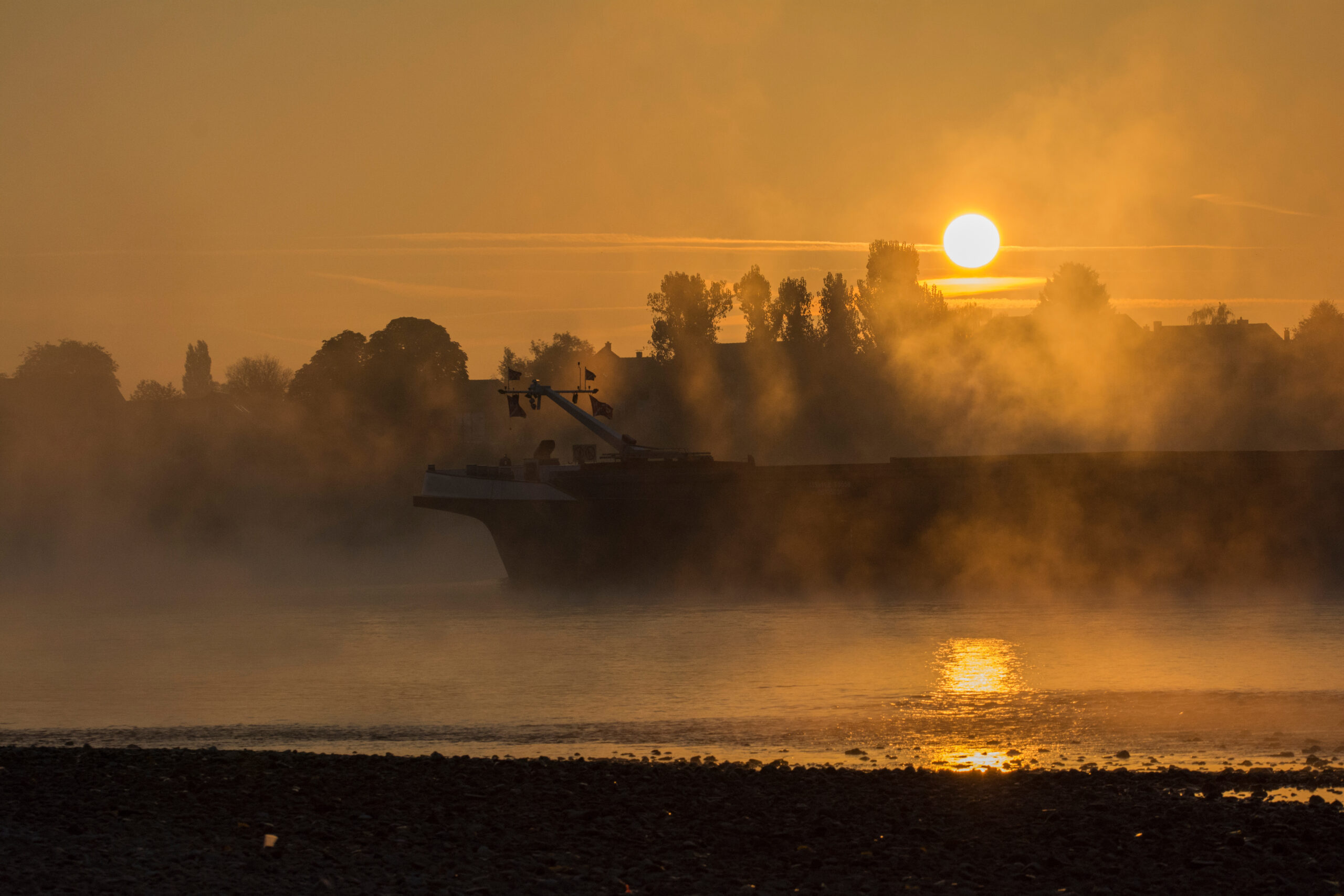 Morgenrot mit Nebel am Rhein in Köln Sürth