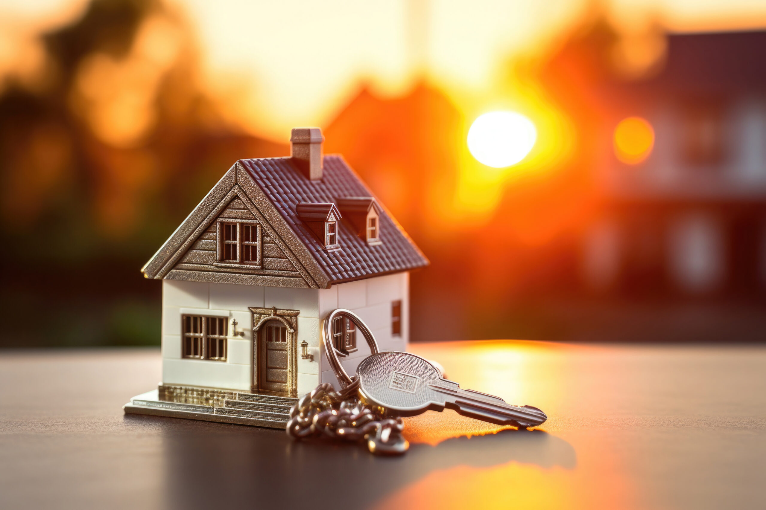 Ein Modellhaus steht im Vordergrund, daneben ein Schlüssel. Im Hintergrund ist ein Sonnenuntergang zu sehen.