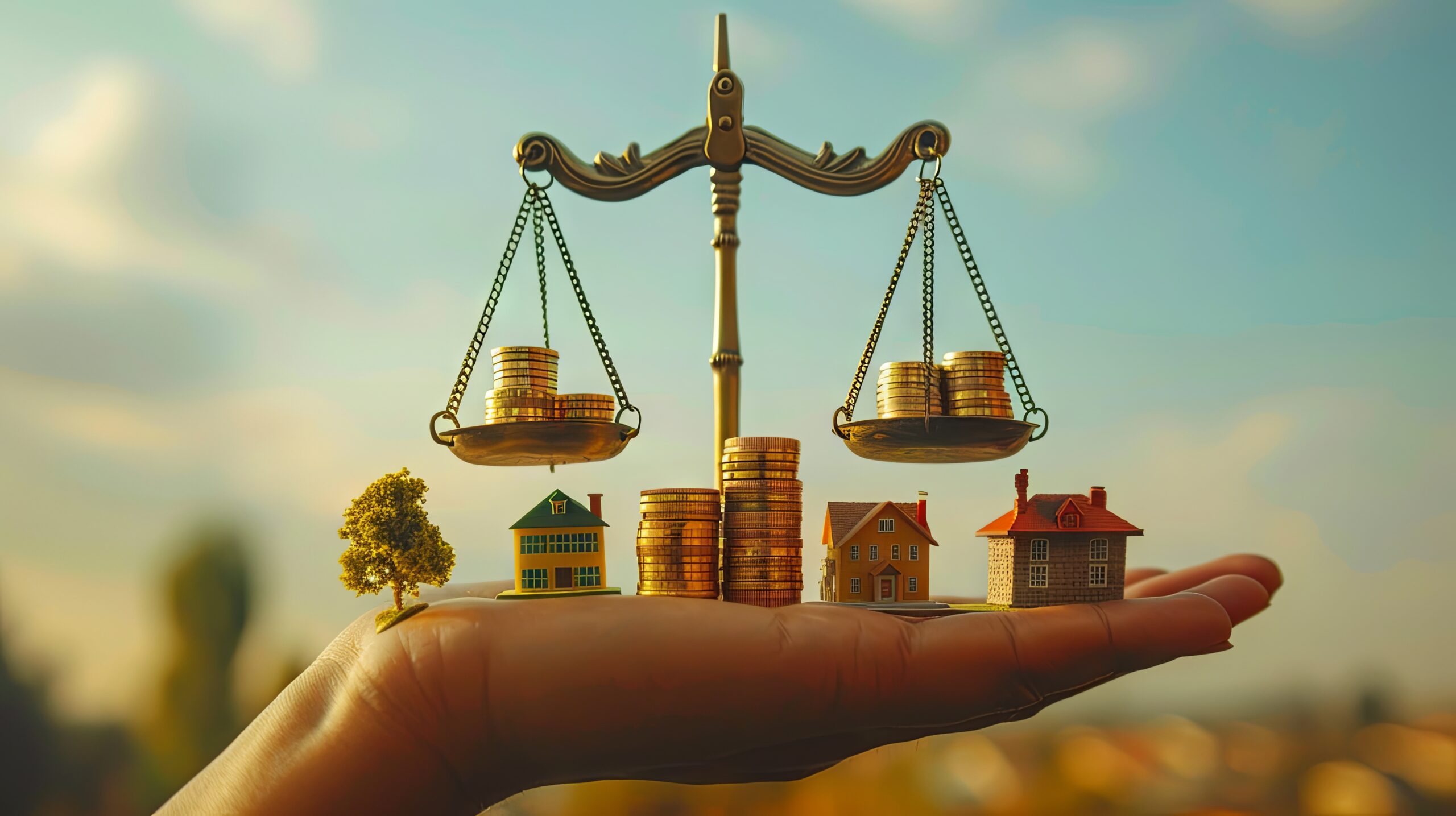 Auf einer ausgestreckten Hand befinden sich kleine Modellhäuser, zwei Münzstapel, eine Waage mit Münzen und ein Baum.