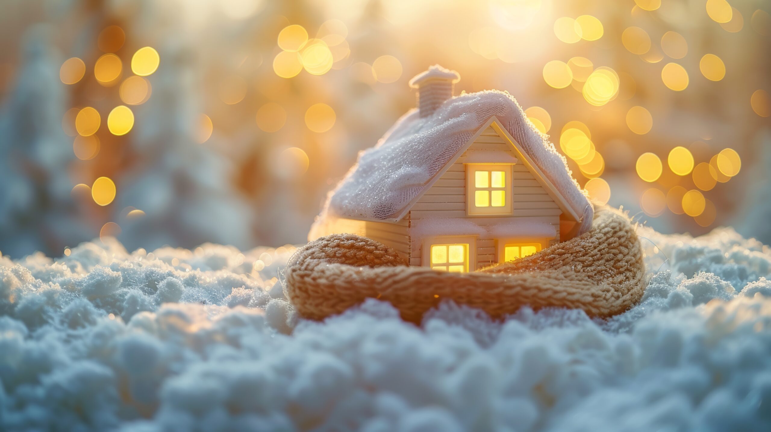 Ein Modellhaus steht im Schnee, drum herum ist ein Schal gewickelt.