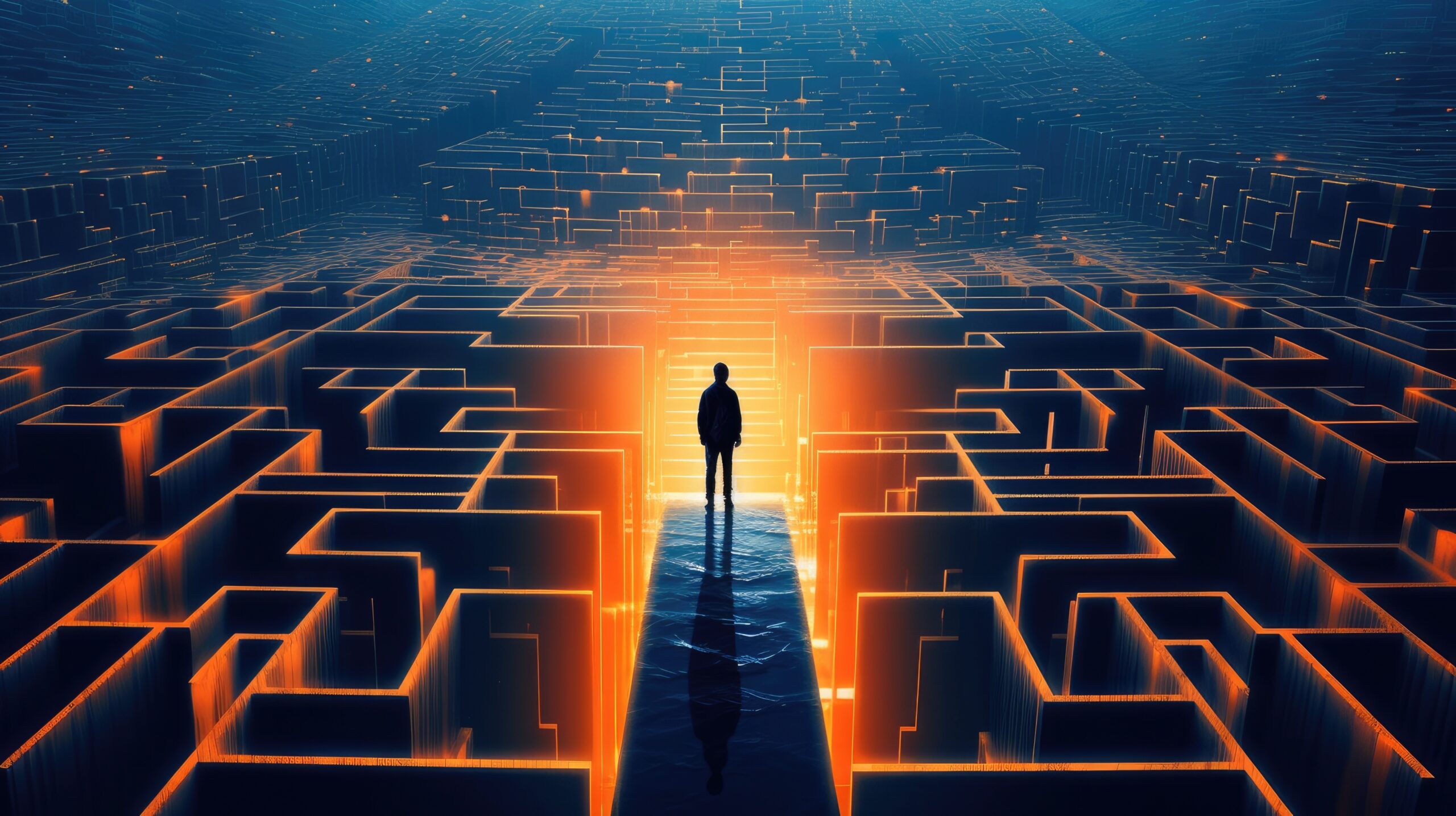 Die Silhouette eines Menschen steht in einem digitalen Labyrinth