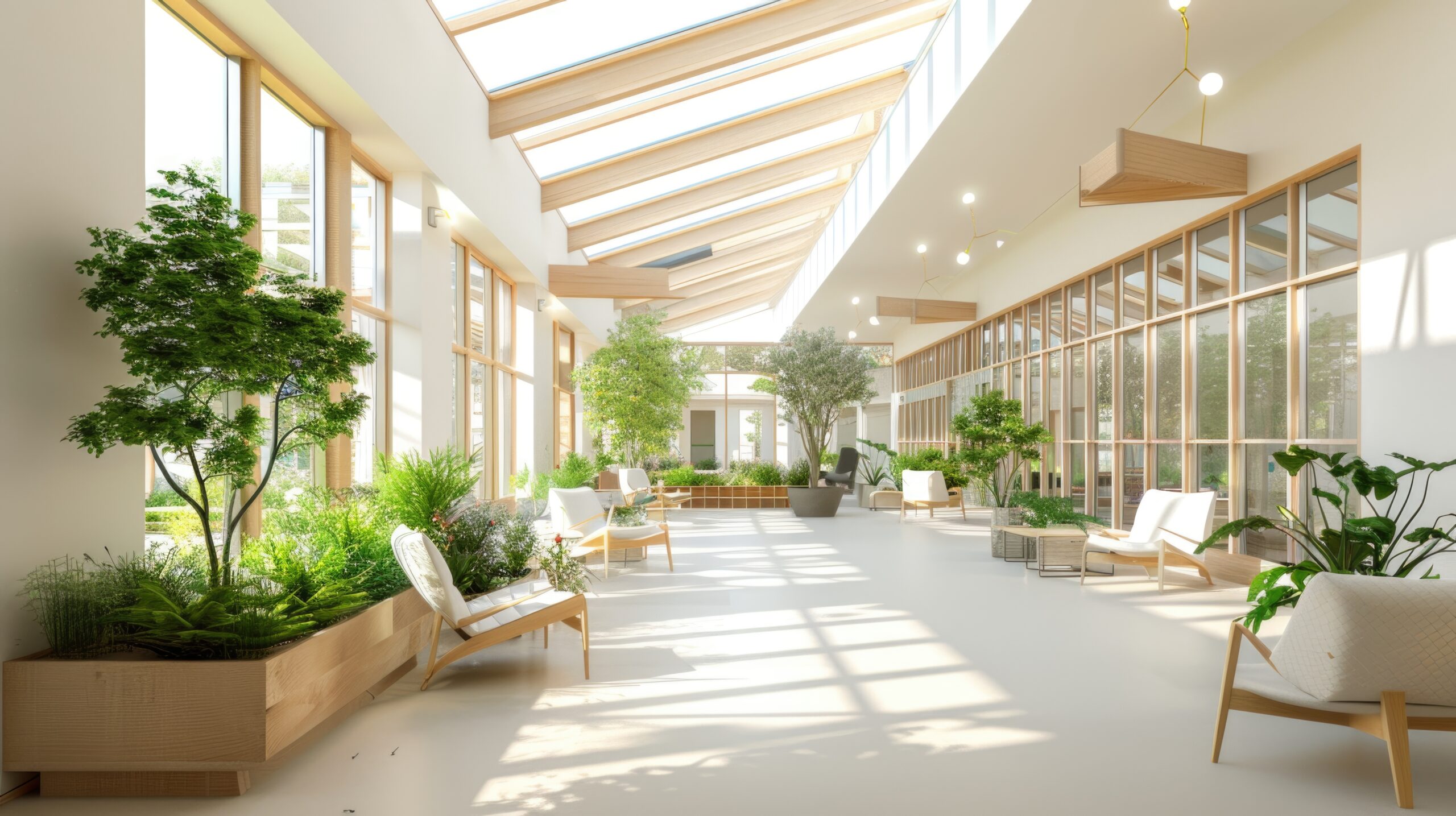 Aufenthaltsbereich eines Alten- und Pflegeheims mit grüner Umgebung: Pflegeimmobilien