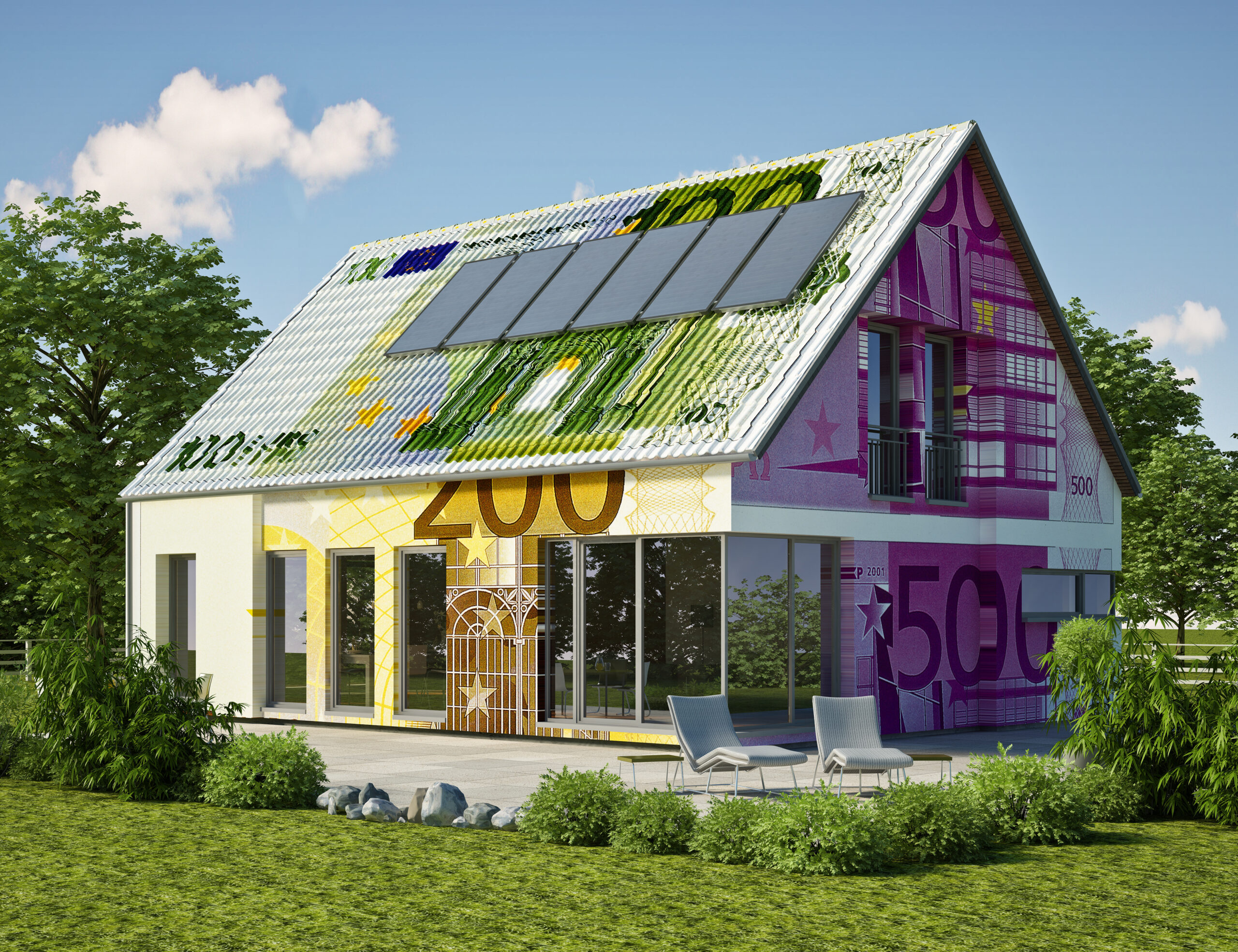 Einfamilienhaus, das mit Euroscheinen dekoriert wurde