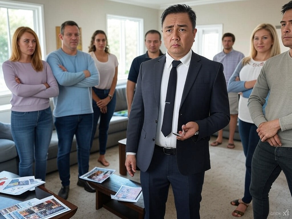 Verärgerte Personen stehen um einen Makler im Zimmer herum: Schlechte Immobilienmakler Köln