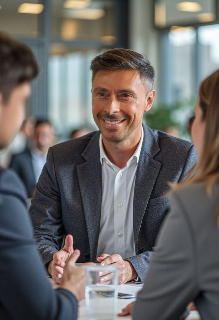 Immobilienmakler Dennis Biehler im Kundengespräch