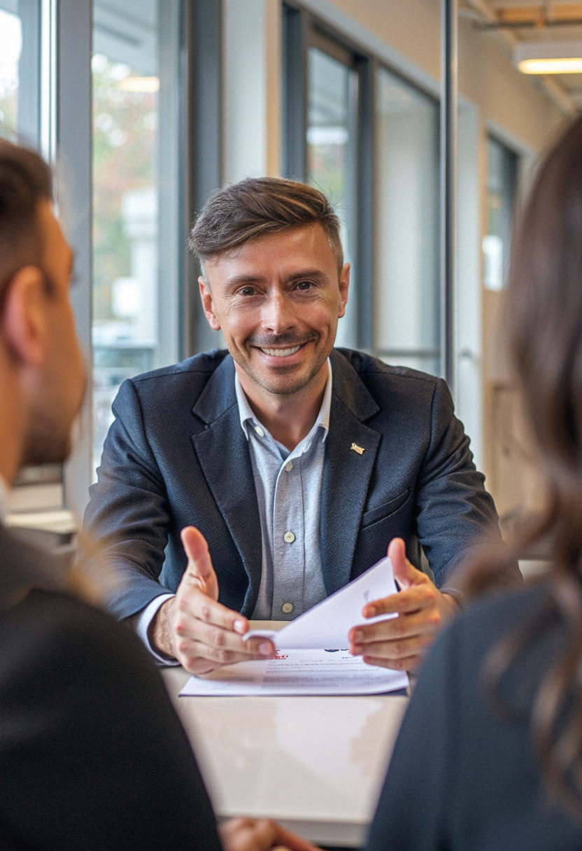 Immobilienmakler Dennis Biehler im Kundengespräch