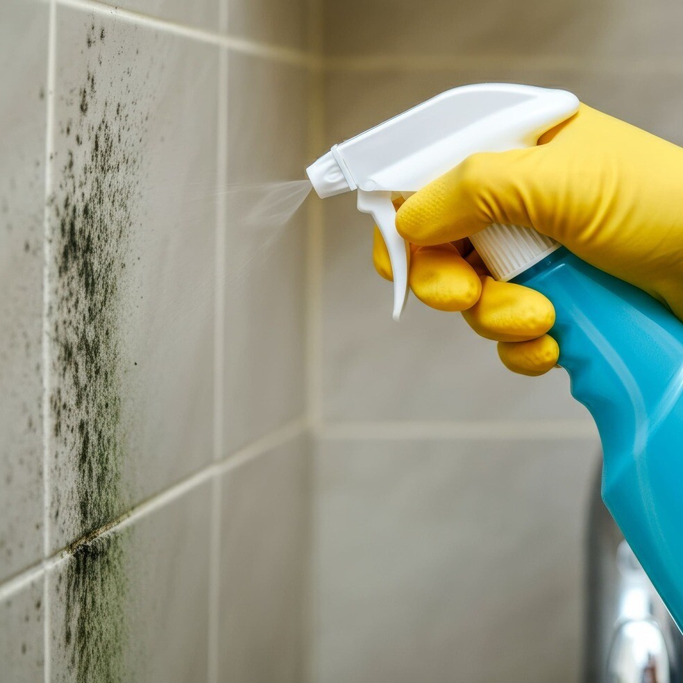 Jemand besprüht Schimmel auf Fliesen im Bad mit einer Flüssigkeit